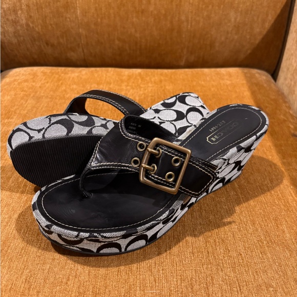 Coach Shoes - Vintage Coach Sherri Monogram Platform Wedge Sandals Black Gray Y2K Buckle 9